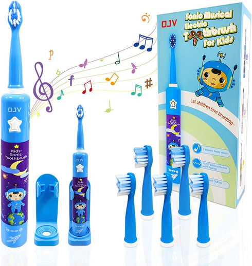 OJV 8620 Musical Electric Toothbrush for Kids, 3 Modes, 2 Min Timer, Rechargeable Sonic Toothbrush with Holder (Blue)