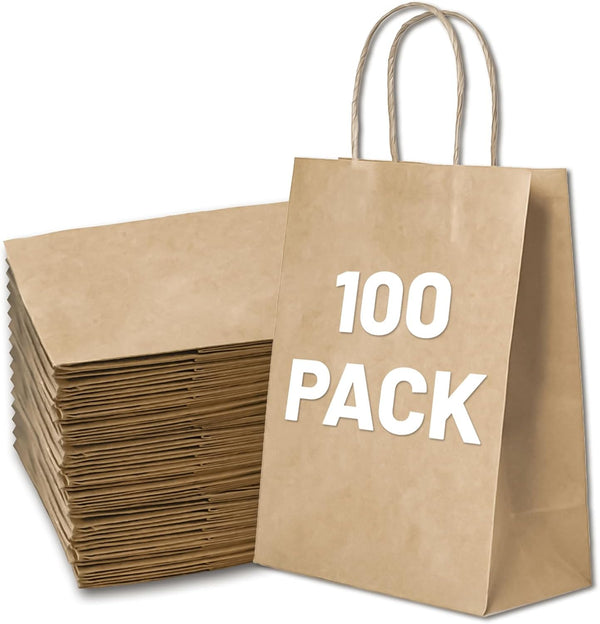 Gift Bags 8.25"X5.9 "X3.15" 100pcs Brown Paper Bags with Handles, Kraft Paper Bags for Small Business, Wedding Party