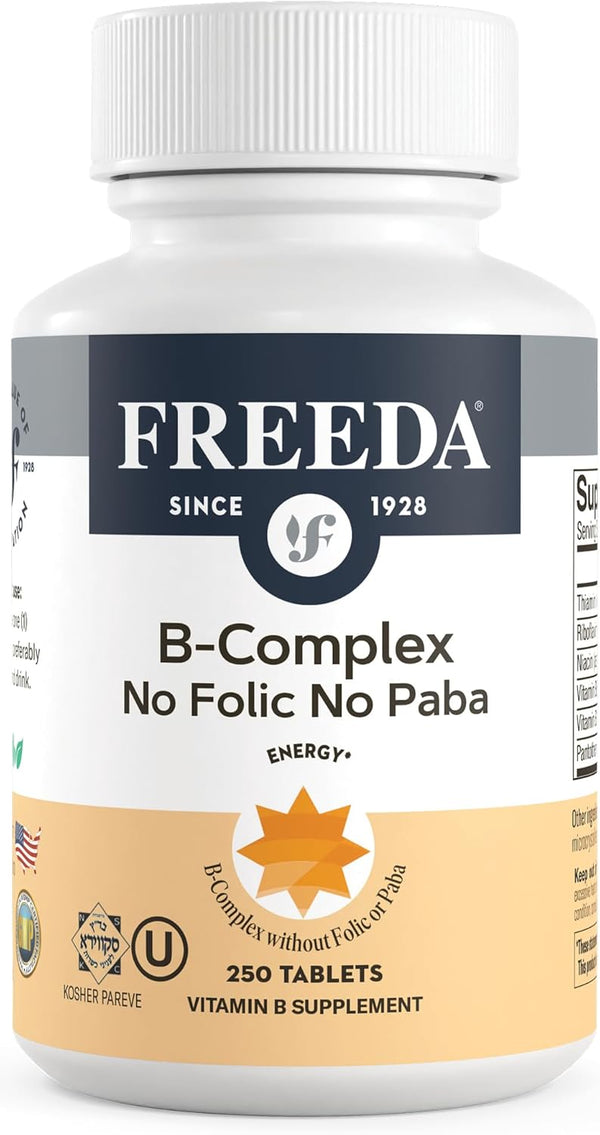 Freeda Super B Complex Vitamin B Supplement - No Folic No PABA, 250 Ct, Kosher for Women & Men