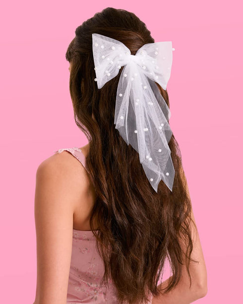 xo, Fetti Bachelorette Party Decorations, Pearl White Hair Bow - Bride to Be, Bridal Shower Gift