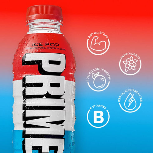 PRIME Hydration ICE POP Sports Drinks, 12 Pack - Electrolyte Enhanced with 250mg BCAAs and 2g Sugar