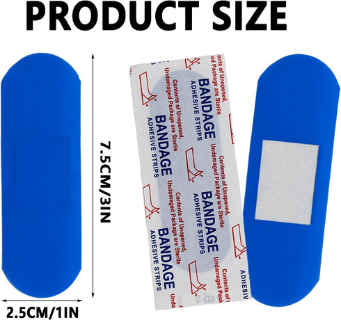 SHEHARUHI 200 Pack 1" 3" PE Blue Adhesive Bandages for Food Service and Catering, Metal Detectable, Waterproof Woven PE