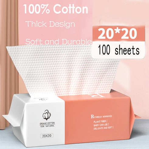 Cotton Facial Dry Wipes, 100 Count, Deeply Cleansing Disposable Face Towel, Multi-Purpose for Skincare and Makeup