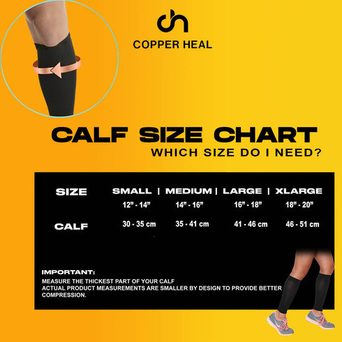 COPPER HEAL CALF Compression Sleeves (1 PAIR) for Exercise Recovery - Calf Muscle Strains, Shin Splints
