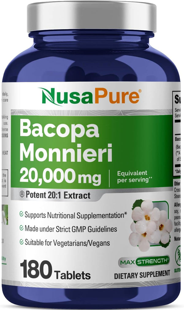 NusaPure Bacopa Leaf Monnieri Extract - 20,000 mg, 180 Tablets (Extract 20:1, Non-GMO)