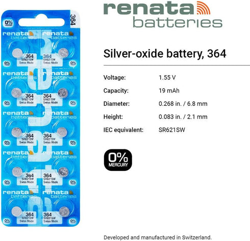 Renata 364 SR621SW Batteries - 1.55V Silver Oxide 364 Watch Battery (10 Count)
