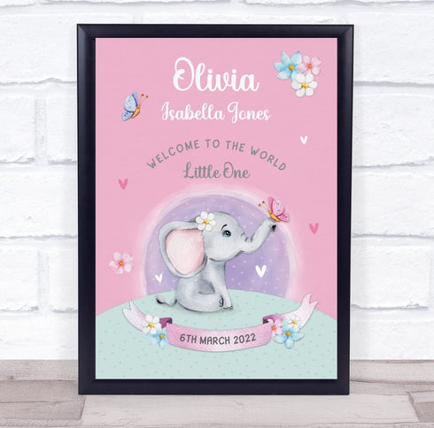 The Card Zoo Elephant Pink New Baby Birth Details Nursery Christening Keepsake Gift Print