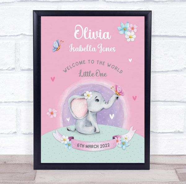 The Card Zoo Elephant Pink New Baby Birth Details Nursery Christening Keepsake Gift Print