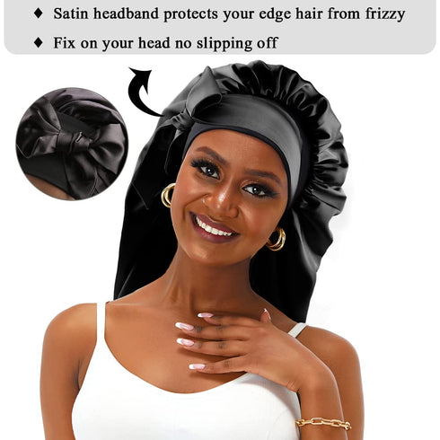 XL Satin Hair Bonnet for Women - Double-Layer Elastic Night Sleeping Cap for Braids/Curly/Long Hair