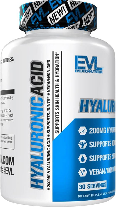 Evlution Vegan Hyaluronic Acid Supplement 200mg Capsules, Dry Skin Support for Women and Men, Non-GMO
