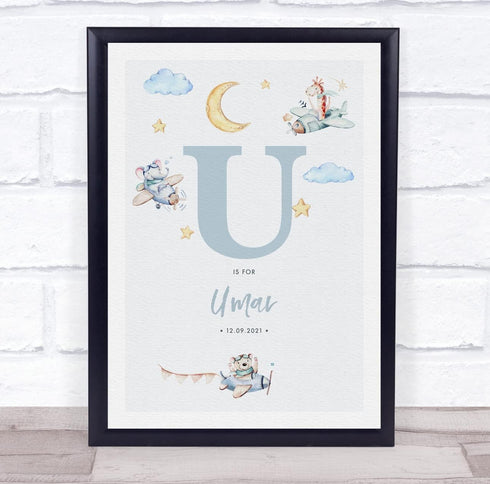 The Card Zoo New Baby Birth Details Nursery Christening Blue Planes Initial U Gift Print
