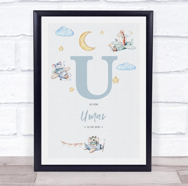 The Card Zoo New Baby Birth Details Nursery Christening Blue Planes Initial U Gift Print