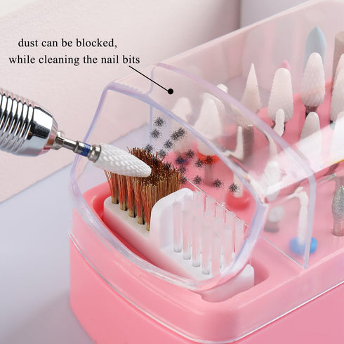 2 in 1 Pink Nail Drill Bit Holder and Cleaner Brush Case, 30 Holes Dust-proof Nail Bit Organizer Storage Box