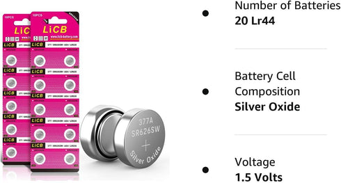 LiCB 20 Pack SR626SW 377 626 1.5V Button Cell Watch Batteries