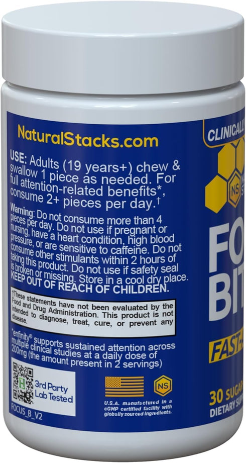 NATURAL STACKS Focus Bites for Productivity & Cognition | Clinically Tested Paraxanthine Supplement | 30 Melon Mint