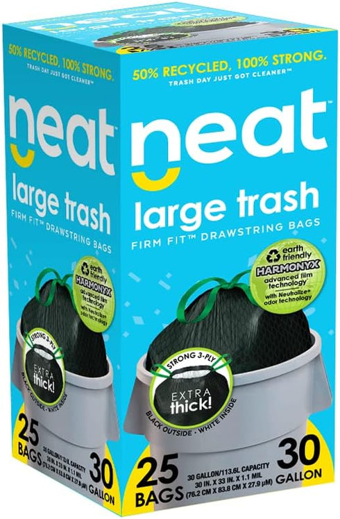 Neat Tall Kitchen 30 Gallon Drawstring Trash Bags, 25 COUNT, Eco-Friendly 50% Recycled Material, Odor Technology