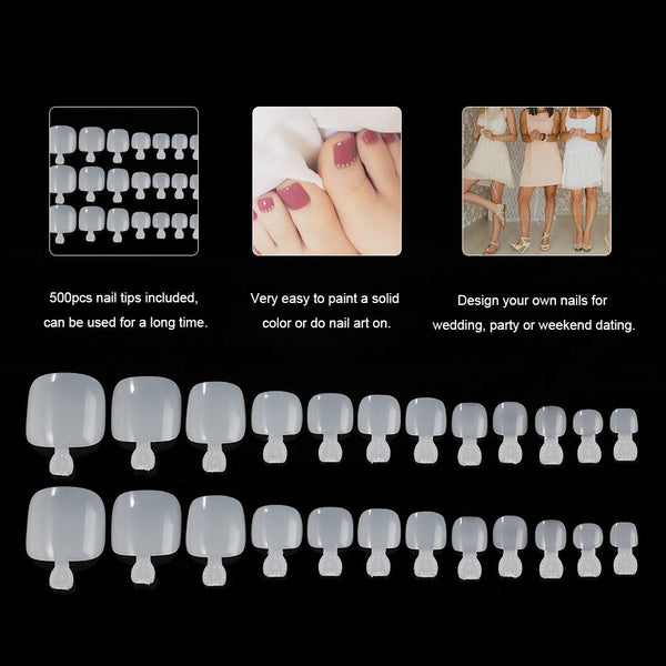 YIMART 500Pcs Fake Toenail Tips Set for Nail Art, Full Cover False Toe Nail Tips for DIY Salon Foot Manicure Sticker