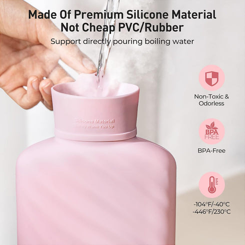 Microwaveable Silicone Hot Water Bottle with Cover (1 Liter), MEETRUE BPA-Free Hot Water Bag for Pain Relief, Hot &