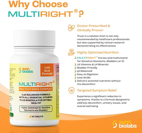 SUNN BIOLABS 14 14 90 MULTIRIGHT | Low Acid MULTIVITAMIN | Bladder-Friendly | Vitamins & Minerals |, pH Balanced | Easy