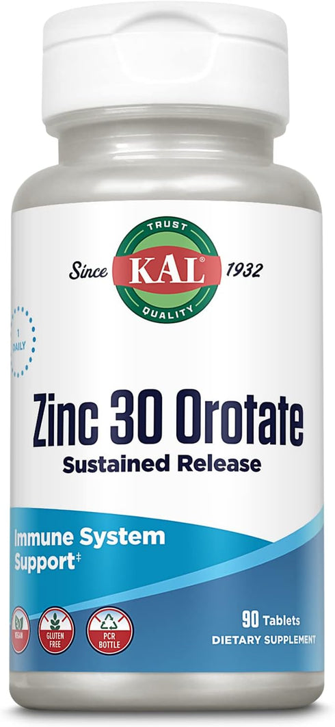 KAL Zinc Orotate 30mg | Sustained Release Chelated Zinc Tablets for Immune Support, 90 Tablets