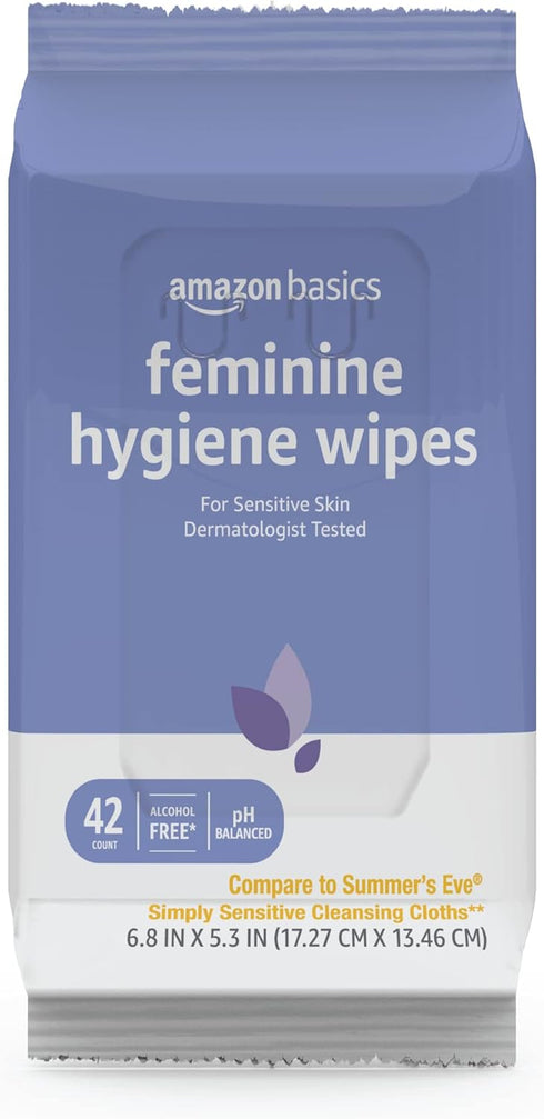 Amazon Basics Feminine Hygiene Wipes, Alcohol Free, pH Balanced, Gynecologist Tested, Fresh Scent, 168 Count (4 Packs of 42)