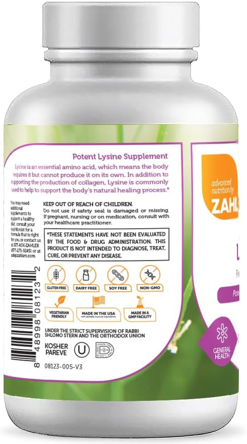 Zahler L-Lysine 500mg - Freeform L-Lysine Supplement, Kosher 60 Capsules