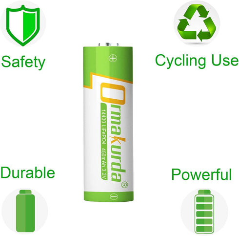 14430 Rechargeable Lifepo4 Battery 3.2V 450mAh - 6 Pack for Solar Panel Outdoor Garden Lights