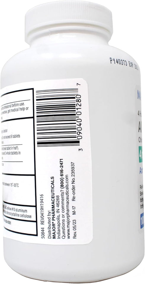Major Allergy Tablets, Chlorpheniramine Maleate 4 mg, Antihistamine, 1000 Tablets