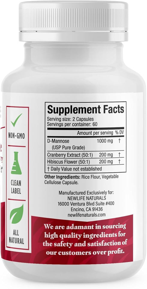 NewLife Naturals D-Mannose Capsules with Cranberry and Hibiscus Extracts, Natural Urinary Tract Health Supplement