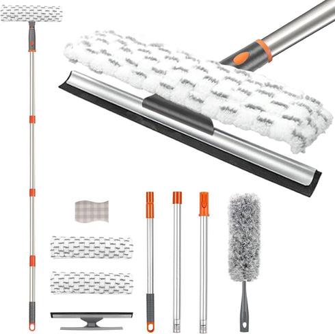 2 in 1 Window Squeegee & Washable Duster, Long Sturdy Handle Home Cleaning Kit for High Glass Windows