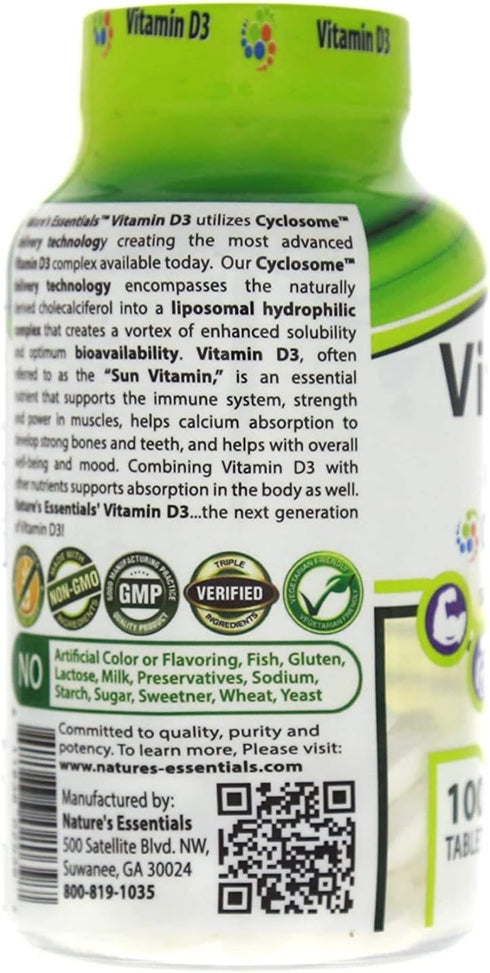 NATURE'S ESSENTIALS Vitamin D3 2000IU, Immune Support, Non-GMO, Gluten Free, Vegetarian, 100 Tablets