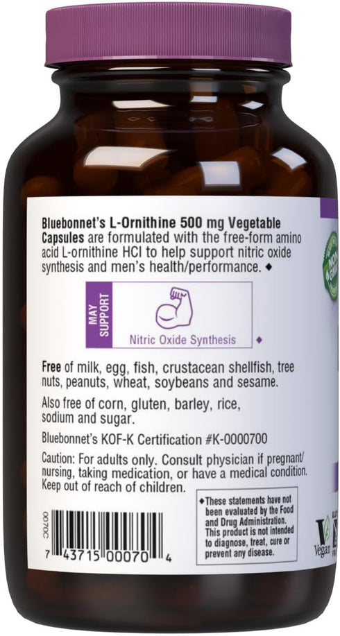 Bluebonnet Nutrition L-Ornithine 500mg, Vegan, 100 Vegetable Capsules for Healthy Protein Metabolism