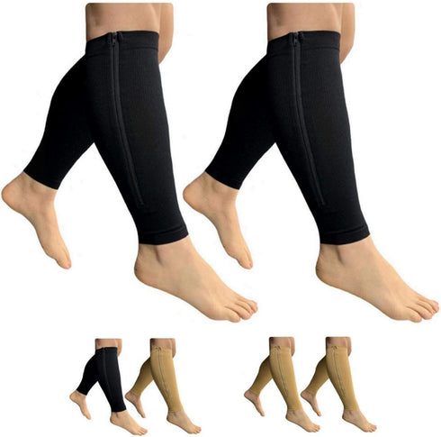 HealthyNees Footless 15-20 mmHg Zipper Compression Leg Calf Shin Sleeve 2 Pairs (Black