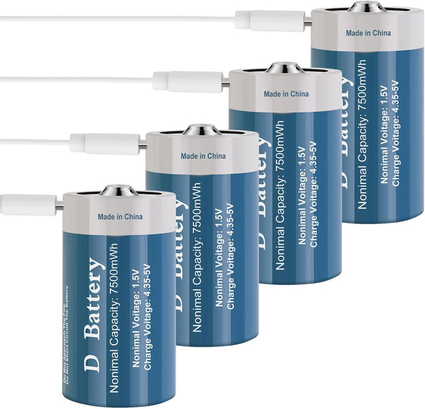 TOPUSSE Rechargeable D Batteries 4 Pack, Long-Lasting 1.5V 7500mWh Lithium D Size Battery