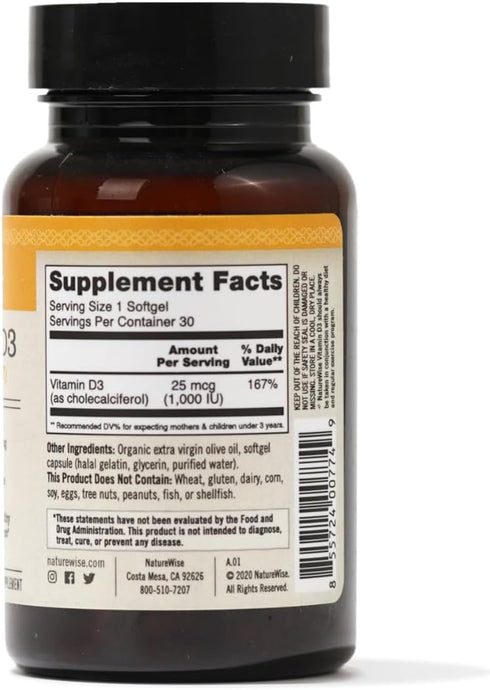 NatureWise Vitamin D3 1000iu (25 mcg) 30 Count for Healthy Muscle Function, Bone Health, Immune Support, Non-GMO,