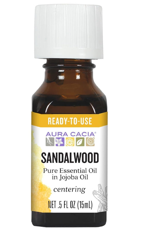 Aura Cacia Sandalwood Essential Oil in Jojoba Oil, 0.5 fl. oz., Woodsy, Balsamic-like Aroma For Skin Care & Centering