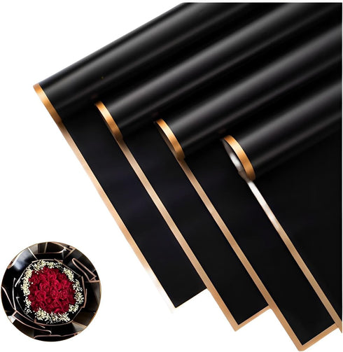 OPHRBU 20Sheets Gold Edge Flower Wrapping Paper, Waterproof Floral Packaging, DIY Crafts, Gift Box for Wedding (Black)