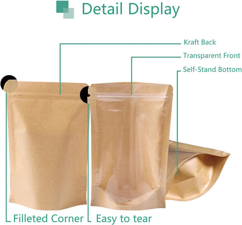 50pcs Kraft Bags with Window, Clear Front Pouches, Resealable Stand Up Zip Lock Food Storage Bags, Brown