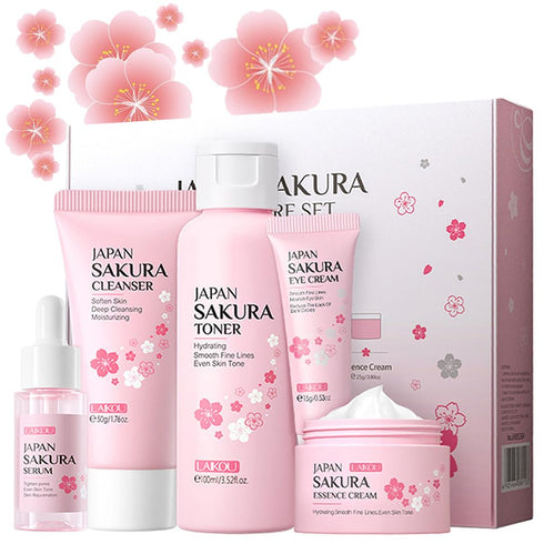 Sakura Skincare Gift Set, Daily Care Travel Kit with Cleanser, Toner, Serum, Eye Cream, and Face Cream for Women (5pcs)