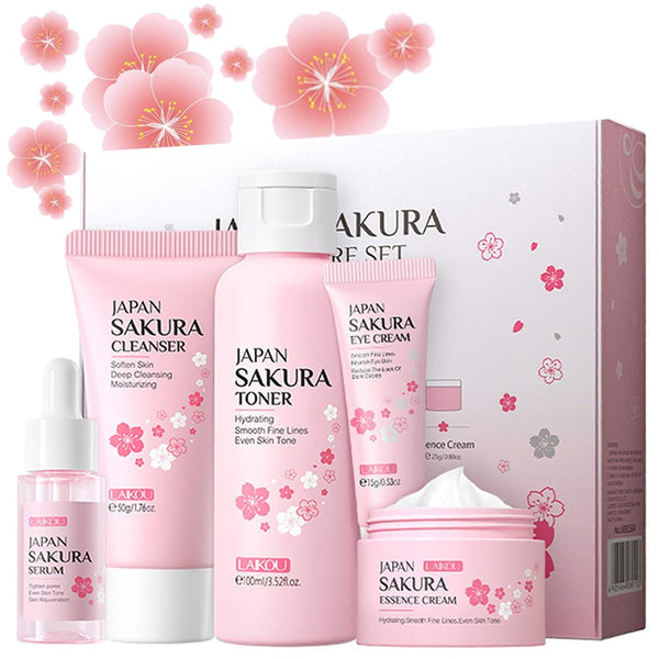 Sakura Skincare Gift Set, Daily Care Travel Kit with Cleanser, Toner, Serum, Eye Cream, and Face Cream for Women (5pcs)