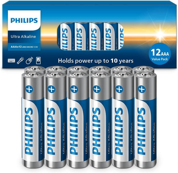 Philips AAA Batteries 12 Pack, 1.5v Ultra Alkaline Triple A. Batteries, 10-Year Shelf