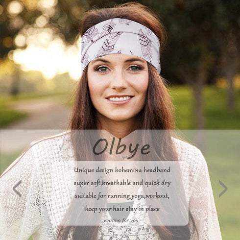 Olbye Boho Headbands for Women, 3Pcs Wide Elastic Turban Hair Bands, Non Slip Floral Workout Hair Accessories