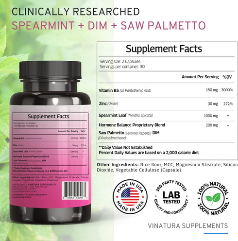 Spearmint Leaf Capsules Supplement, 1380mg/serving, enhanced with DIM & Saw Palmetto for Women’s Health, 60 Capsules