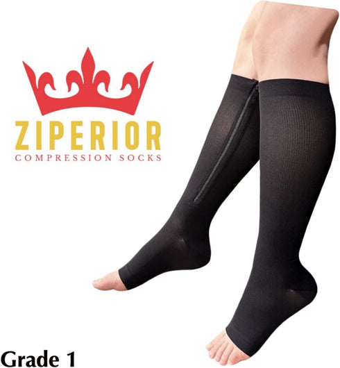 Ziperior 15-20 mmHg Open Toe Compression Grade Calf Pain Leg Inside Zipper Socks