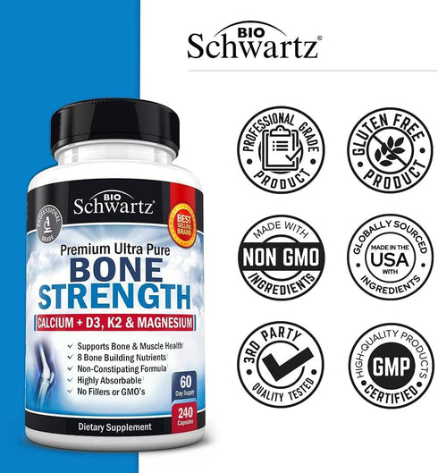 Bone Strength Supplement with Calcium, Magnesium, Vitamin D3, K2 & Zinc - 240 Veggie Capsules