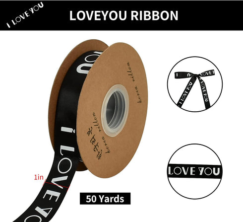 TONIFUL 1 Inch x 50 Yards Black I Love You Printed Satin Ribbon for Valentine's Day Gift Wrapping, Wedding, Holiday