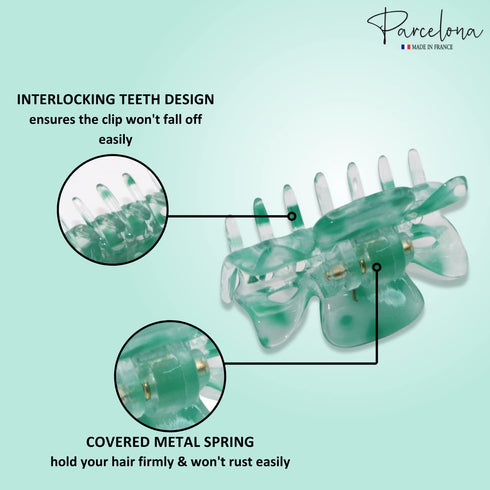 Parcelona French Classic Very Small Claw Clips Set of 3 for Girls Hair Accessories (Clear-White-Shadow Green)