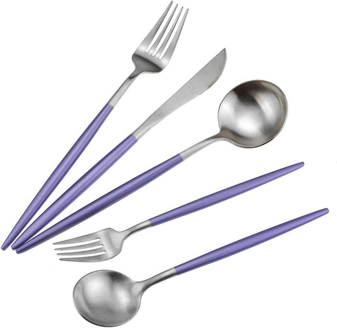 Gugrida Luxury Flatware, Royal 5 Piece Matte Purple Handle 18/10 Stainless Steel Tableware Set for 1, Camping Utensils