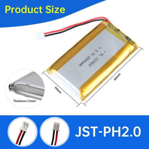 123464 3.7V Lipo Battery 2800mAh Rechargeable Lithium Polymer Pack with JST PH2.0mm Connector for Devices