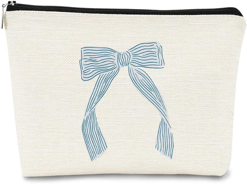 Light Blue Coquette Bow Aesthetic Makeup Bag - Cute Trendy Preppy Makeup Pouch, Preppy Gifts